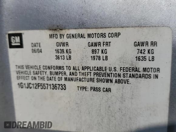 ✅ 2005 Chevrolet Cavalier • VIN: 1G1JC12F557136733 • Lot: 65906625. Listed on Copart with 182,871 mi. Free auction sales archive from the USA and detailed vehicle history report at DreamBid. Image 12.