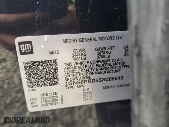 2025 Chevrolet Tahoe Z71 z VIN 1GNS6PRD5SR266643, wystawiony jako Copart lot #90061725 z przebiegiem Nie podano mil oraz Czysty tytuł • Clean title. Historia ofert i sprzedaży dostępna na DreamBid. Obrazek 13.