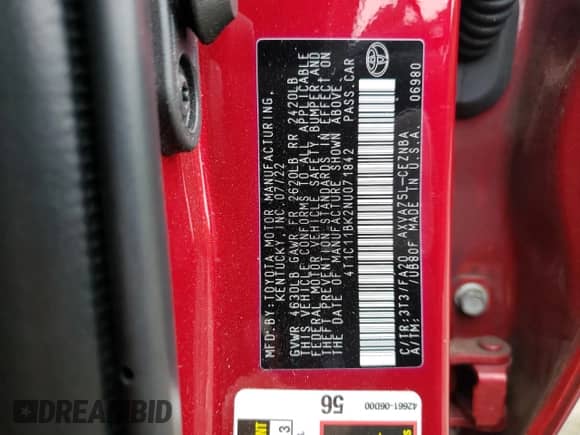 2022 Toyota Camry LE with VIN 4T1C11BK2NU071842, listed as a Copart auction lot 55873425 with 64,762 mi miles and Salvage title. Bid and sale history available at DreamBid. Image 12.