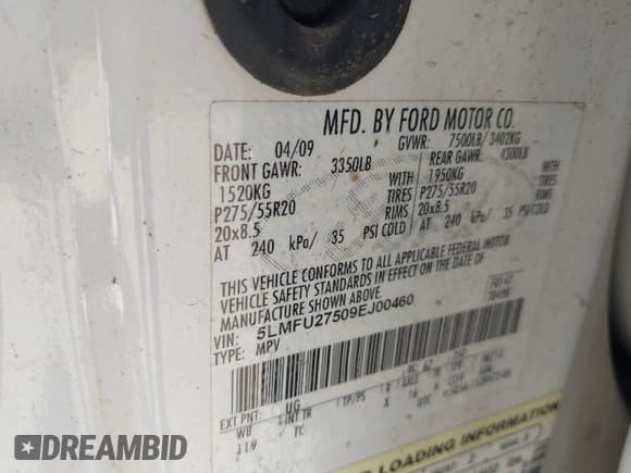 ✅ 2009 Lincoln Navigator • VIN: 5LMFU27509EJ00460 • Lot: 42251045. Listed on IAAI with 141,330 mi. Free auction sales archive from the USA and detailed vehicle history report at DreamBid. Image 9.