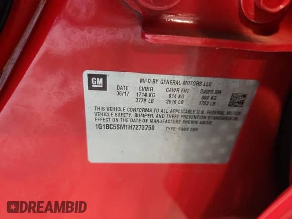 2017 Chevrolet Cruze LS с VIN 1G1BC5SM1H7273750, выставлен на аукционе Copart как лот 81027135 с пробегом 80 712 миль миль и Списание • Salvage title. История ставок и продаж доступна на DreamBid. Изображение 12.