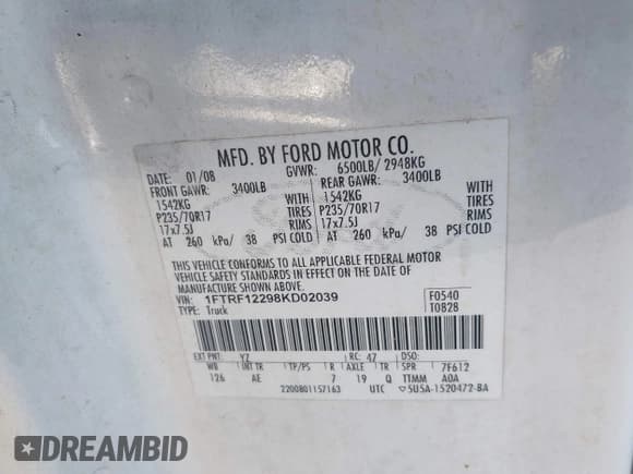 ✅ 2008 Ford F-150 XL • VIN: 1FTRF12298KD02039 • Lot: 43227265. Listed on IAAI with 173,329 mi. Free auction sales archive from the USA and detailed vehicle history report at DreamBid. Image 9.