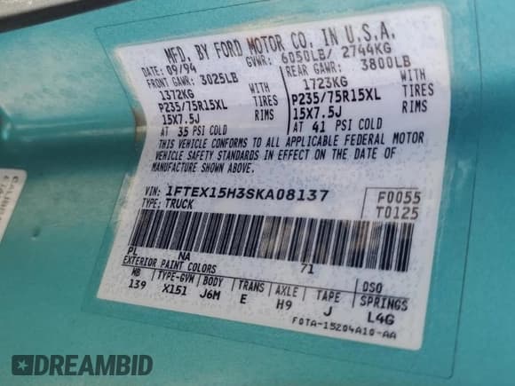 ✅ 1995 Ford F-150 • VIN: 1FTEX15H3SKA08137 • Lot: 71073965. Wystawiony na Copart z przebiegiem 190 089 mil. Bezpłatny archiwum sprzedaży aukcyjnych z USA i szczegółowy raport historii pojazdu na DreamBid. Zdjęcie 12.
