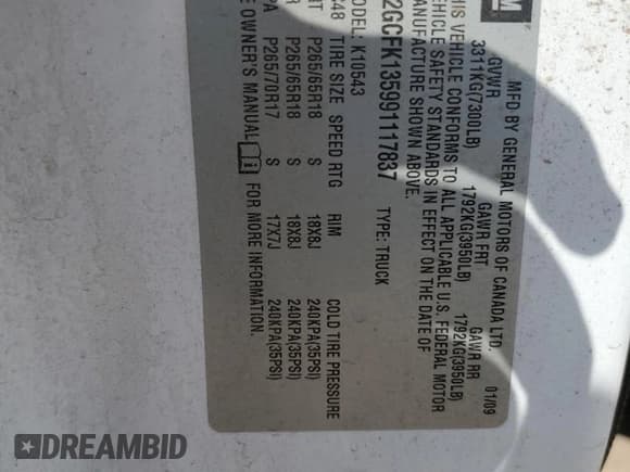 ✅ 2009 Chevrolet Silverado 1500 • VIN: 2GCFK135991117837 • Lot: 68920914. Listed on Copart with 172,039 mi. Free auction sales archive from the USA and detailed vehicle history report at DreamBid. Image 12.