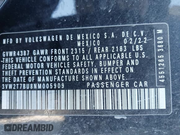 ✅ 2022 Volkswagen Jetta Autobahn • VIN: 3VW2T7BU8NM005909 • Lot: 43454756. Listed on IAAI with Not provided. Free auction sales archive from the USA and detailed vehicle history report at DreamBid. Image 9.