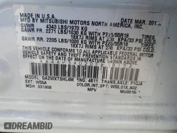 2013 Mitsubishi Outlander ES z VIN 4A4AP3AU2DE018150, wystawiony jako Copart lot #65703455 z przebiegiem 154 802 mil mil oraz Czysty tytuł • Clean title. Historia ofert i sprzedaży dostępna na DreamBid. Obrazek 13.