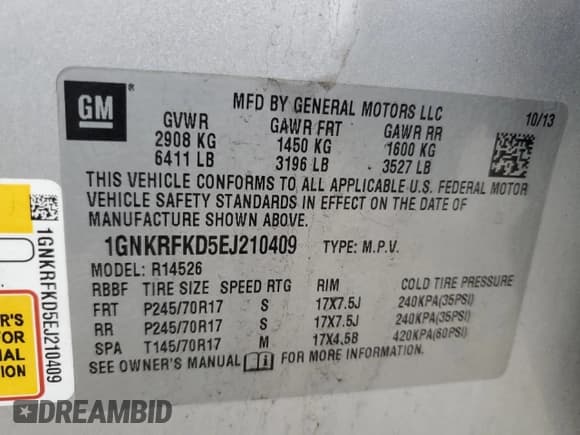 ✅ 2014 Chevrolet Traverse LS • VIN: 1GNKRFKD5EJ210409 • Lot: 71789794. Wystawiony na Copart z przebiegiem 82 645 mil. Bezpłatny archiwum sprzedaży aukcyjnych z USA i szczegółowy raport historii pojazdu na DreamBid. Zdjęcie 13.