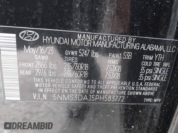2023 Hyundai Santa Fe SEL с VIN 5NMS3DAJ5PH583772, выставлен на аукционе IAAI как лот 43267443 с пробегом 57 795 миль миль и . История ставок и продаж доступна на DreamBid. Изображение 9.