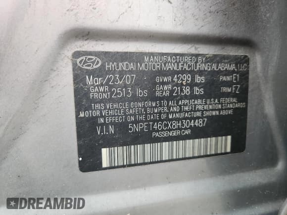 ✅ 2008 Hyundai Sonata GLS • VIN: 5NPET46CX8H304487 • Лот: 87401485. Опубликован ранее на Copart с пробегом 110 109 миль. Бесплатный доступ к архиву аукционных продаж из США и подробный отчёт об истории автомобиля на DreamBid. Изображение 13.