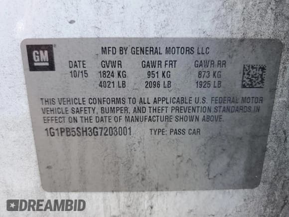 ✅ 2016 Chevrolet Cruze LS • VIN: 1G1PB5SH3G7203001 • Lot: 56022635. Listed on Copart with 125,939 mi. Free auction sales archive from the USA and detailed vehicle history report at DreamBid. Image 12.