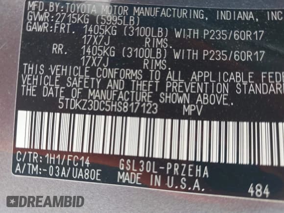 ✅ 2017 Toyota Sienna LE • VIN: 5TDKZ3DC5HS817123 • Lot: 43008162. Listed on IAAI with 202,986 mi. Free auction sales archive from the USA and detailed vehicle history report at DreamBid. Image 9.