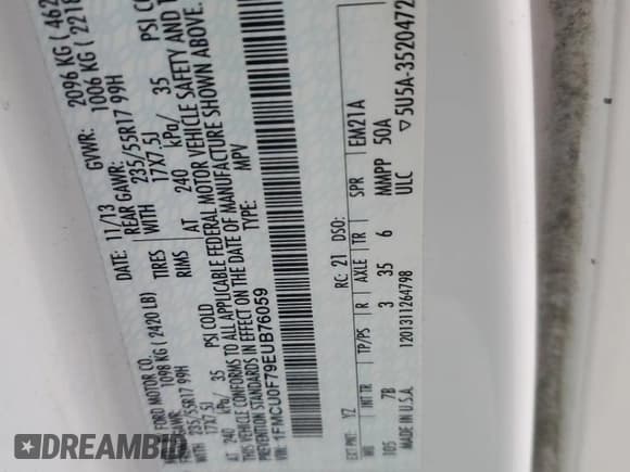 ✅ 2014 Ford Escape S • VIN: 1FMCU0F79EUB76059 • Лот: 91724745. Опубликован ранее на Copart с пробегом 194 833 миль. Бесплатный доступ к архиву аукционных продаж из США и подробный отчёт об истории автомобиля на DreamBid. Изображение 13.