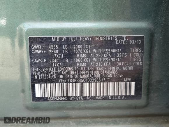 ✅ 2013 Subaru Outback Premium • VIN: 4S4BRBGC1D3298617 • Лот: 85648255. Опубликован ранее на Copart с пробегом 112 767 миль. Бесплатный доступ к архиву аукционных продаж из США и подробный отчёт об истории автомобиля на DreamBid. Изображение 13.