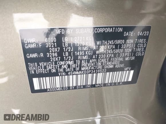 ✅ 2023 Subaru Ascent Onyx Limited • VIN: 4S4WMAKD3P3438522 • Lot: 42597083. Wystawiony na IAAI z przebiegiem 33 251 mil. Bezpłatny archiwum sprzedaży aukcyjnych z USA i szczegółowy raport historii pojazdu na DreamBid. Zdjęcie 9.
