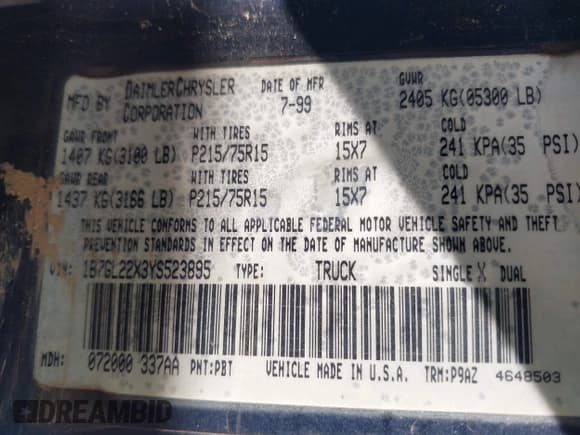 ✅ 2000 Dodge Dakota • VIN: 1B7GL22X3YS523895 • Lot: 42247540. Wystawiony na IAAI z przebiegiem 159 138 mil. Bezpłatny archiwum sprzedaży aukcyjnych z USA i szczegółowy raport historii pojazdu na DreamBid. Zdjęcie 9.