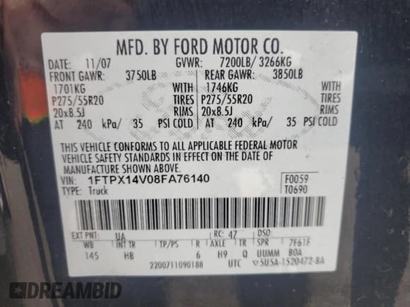 ✅ 2008 Ford F-150 XLT • VIN: 1FTPX14V08FA76140 • Lot: 44044195. Wystawiony na Copart z przebiegiem 141 642 mil. Bezpłatny archiwum sprzedaży aukcyjnych z USA i szczegółowy raport historii pojazdu na DreamBid. Zdjęcie 14.