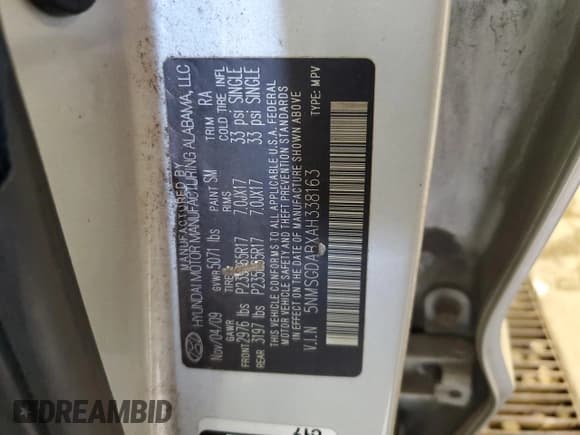 ✅ 2010 Hyundai Santa Fe GLS • VIN: 5NMSGDABXAH338163 • Lot: 69067884. Listed on Copart with 202,276 mi. Free auction sales archive from the USA and detailed vehicle history report at DreamBid. Image 13.