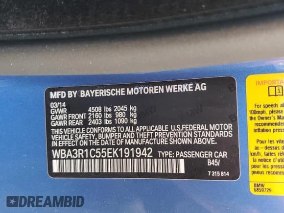 ✅ 2014 BMW 4 Series 435i • VIN: WBA3R1C55EK191942 • Lot: 68738725. Listed on Copart with 98,170 mi. Free auction sales archive from the USA and detailed vehicle history report at DreamBid. Image 12.