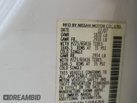 ✅ 2008 Nissan Quest • VIN: 5N1BV28U78N108686 • Lot: 74558294. Listed on Copart with 120,697 mi. Free auction sales archive from the USA and detailed vehicle history report at DreamBid. Image 13.