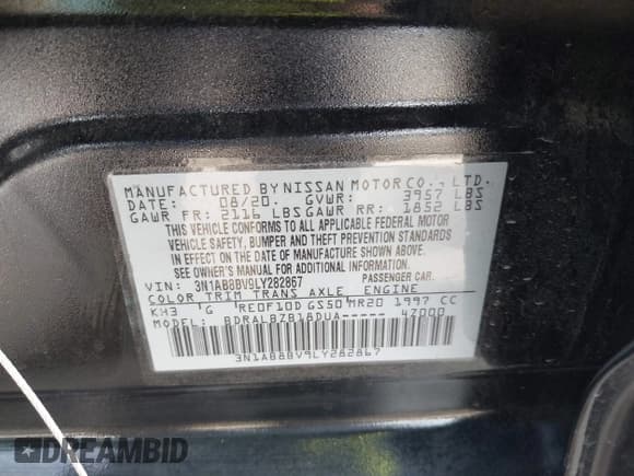 ✅ 2020 Nissan Sentra S • VIN: 3N1AB8BV9LY282867 • Lot: 43532566. Listed on IAAI with 53,603 mi. Free auction sales archive from the USA and detailed vehicle history report at DreamBid. Image 9.