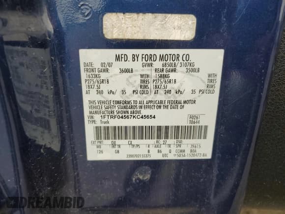 ✅ 2007 Ford F-150 XLT • VIN: 1FTRF04567KC45654 • Lot: 58319485. Wystawiony na Copart z przebiegiem Nie podano. Bezpłatny archiwum sprzedaży aukcyjnych z USA i szczegółowy raport historii pojazdu na DreamBid. Zdjęcie 12.