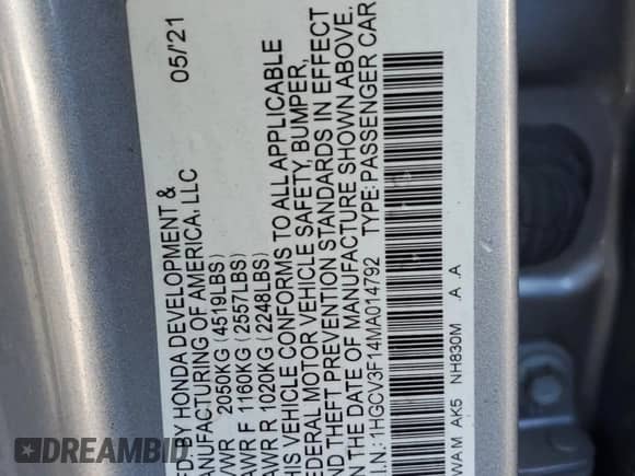 2021 Honda Accord with VIN 1HGCV3F14MA014792, listed as a Copart auction lot 90296835 with Not provided miles and Salvage title. Bid and sale history available at DreamBid. Image 12.