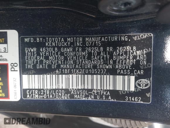 ✅ 2015 Toyota Camry XLE • VIN: 4T1BF1FK2FU105237 • Лот: 43420546. Опубликован ранее на IAAI с пробегом 95 700 миль. Бесплатный доступ к архиву аукционных продаж из США и подробный отчёт об истории автомобиля на DreamBid. Изображение 9.