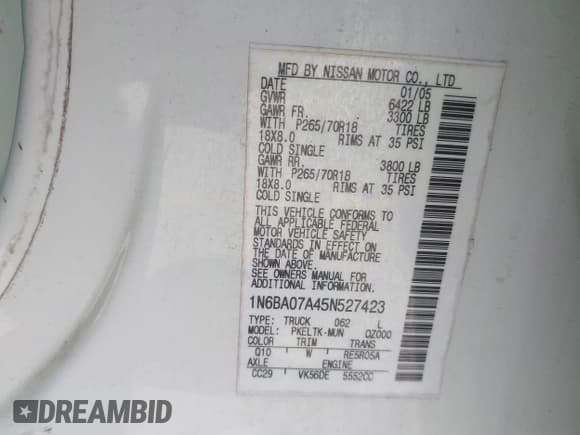 ✅ 2005 Nissan Titan LE • VIN: 1N6BA07A45N527423 • Lot: 43059455. Listed on IAAI with 134,021 mi. Free auction sales archive from the USA and detailed vehicle history report at DreamBid. Image 9.