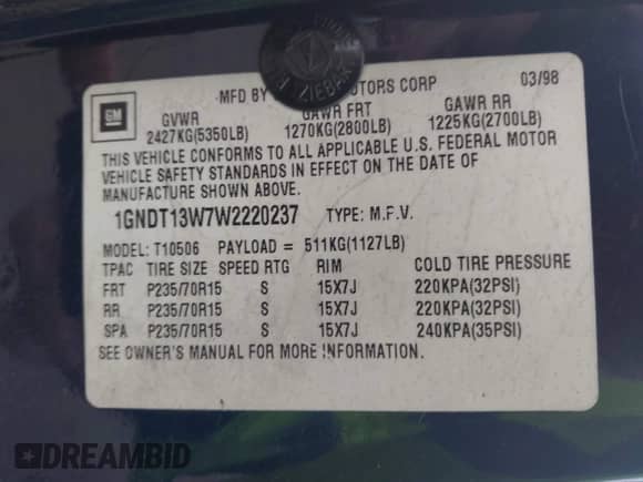 1998 Chevrolet Blazer LT with VIN 1GNDT13W7W2220237, listed as a IAAI auction lot 41854306 with 152,100 mi miles and . Bid and sale history available at DreamBid. Image 9.