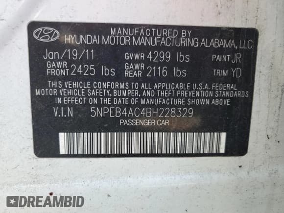 ✅ 2011 Hyundai Sonata GLS • VIN: 5NPEB4AC4BH228329 • Lot: 71486954. Listed on Copart with Not provided. Free auction sales archive from the USA and detailed vehicle history report at DreamBid. Image 12.