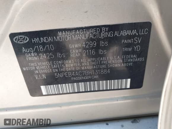 2011 Hyundai Sonata GLS with VIN 5NPEB4AC7BH131884, listed as a IAAI auction lot 43361146 with 133,852 mi miles and . Bid and sale history available at DreamBid. Image 9.