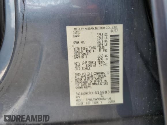 ✅ 2012 Nissan Armada SV • VIN: 5N1BA0NC7CN615883 • Lot: 61253895. Listed on Copart with 192,189 mi. Free auction sales archive from the USA and detailed vehicle history report at DreamBid. Image 14.