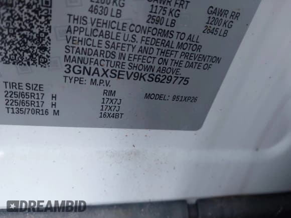 ✅ 2019 Chevrolet Equinox LS • VIN: 3GNAXSEV9KS629775 • Лот: 43674007. Опубликован ранее на IAAI с пробегом Не указан. Бесплатный доступ к архиву аукционных продаж из США и подробный отчёт об истории автомобиля на DreamBid. Изображение 9.