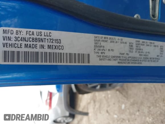 ✅ 2022 Jeep Compass Latitude • VIN: 3C4NJCBB9NT172153 • Lot: 41918327. Listed on IAAI with 95,504 mi. Free auction sales archive from the USA and detailed vehicle history report at DreamBid. Image 9.