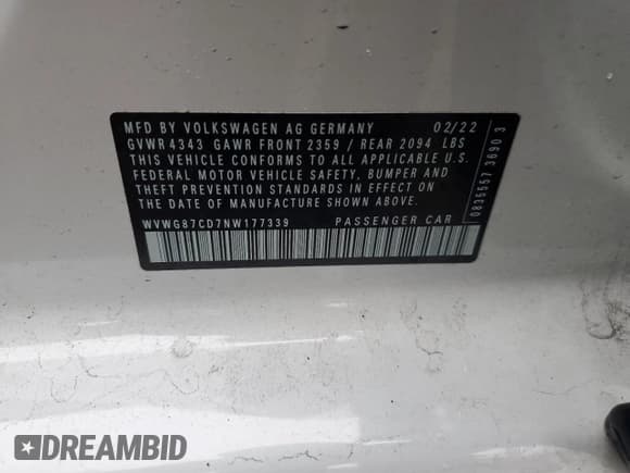 ✅ 2022 Volkswagen Golf GTI S • VIN: WVWG87CD7NW177339 • Lot: 80329444. Listed on Copart with 17,034 mi. Free auction sales archive from the USA and detailed vehicle history report at DreamBid. Image 12.