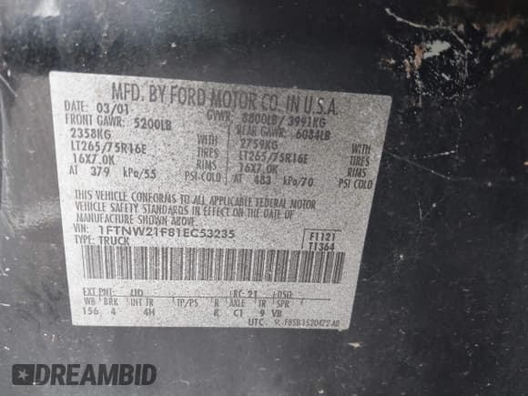 ✅ 2001 Ford F-250 XL • VIN: 1FTNW21F81EC53235 • Lot: 42745272. Listed on IAAI with 152,010 mi. Free auction sales archive from the USA and detailed vehicle history report at DreamBid. Image 8.