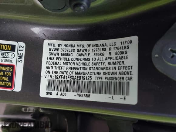 ✅ 2010 Honda Civic EX • VIN: 19XFA1F8XAE019125 • Lot: 43738748. Listed on IAAI with 154,128 mi. Free auction sales archive from the USA and detailed vehicle history report at DreamBid. Image 9.