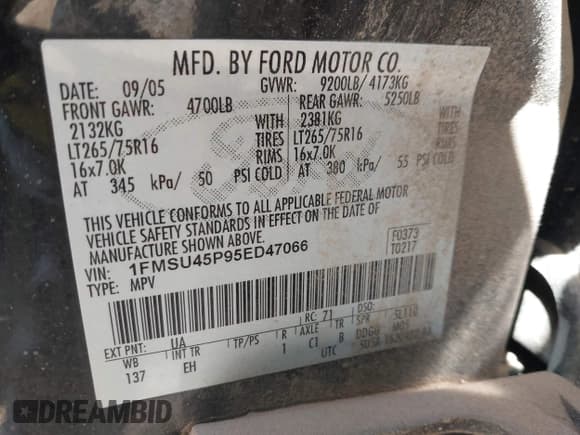 ✅ 2005 Ford Excursion Eddie Bauer • VIN: 1FMSU45P95ED47066 • Lot: 41897867. Listed on IAAI with 171,969 mi. Free auction sales archive from the USA and detailed vehicle history report at DreamBid. Image 9.