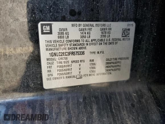 ✅ 2015 Chevrolet Tahoe Commercial • VIN: 1GNLC2EC3FR575336 • Lot: 90258435. Listed on Copart with 148,079 mi. Free auction sales archive from the USA and detailed vehicle history report at DreamBid. Image 13.