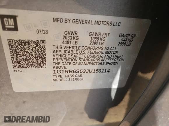 2018 Chevrolet Volt Premier with VIN 1G1RB6S53JU156114, listed as a Copart auction lot 46236693 with 60,826 mi miles and . Bid and sale history available at DreamBid. Image 13.