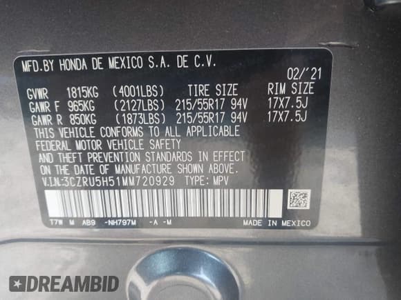 ✅ 2021 Honda HR-V EX • VIN: 3CZRU5H51MM720929 • Лот: 42792586. Опубликован ранее на IAAI с пробегом 72 011 миль. Бесплатный доступ к архиву аукционных продаж из США и подробный отчёт об истории автомобиля на DreamBid. Изображение 9.