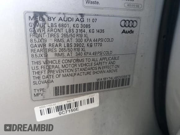 ✅ 2008 Audi Q7 Premium • VIN: WA1BY74L48D035878 • Lot: 90711585. Listed on Copart with 144,106 mi. Free auction sales archive from the USA and detailed vehicle history report at DreamBid. Image 13.
