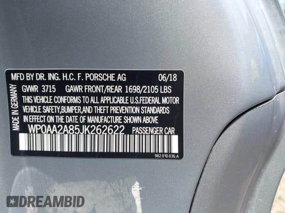 ✅ 2018 Porsche 718 Cayman • VIN: WP0AA2A85JK262622 • Lot: 41963769. Listed on IAAI with Not provided. Free auction sales archive from the USA and detailed vehicle history report at DreamBid. Image 9.