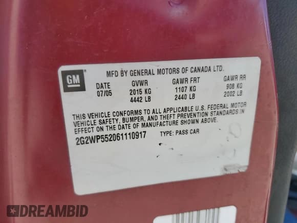 ✅ 2006 Pontiac Grand Prix • VIN: 2G2WP552061110917 • Lot: 50350095. Listed on Copart with 149,481 mi. Free auction sales archive from the USA and detailed vehicle history report at DreamBid. Image 14.