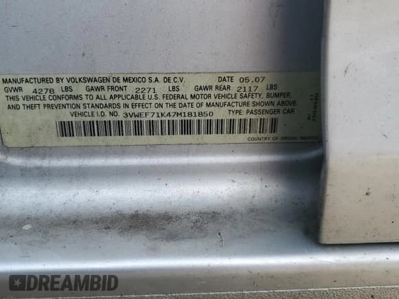 ✅ 2007 Volkswagen Jetta Wolfsburg Edition • VIN: 3VWEF71K47M181850 • Лот: 66473035. Опубликован ранее на Copart с пробегом 253 842 миль. Бесплатный доступ к архиву аукционных продаж из США и подробный отчёт об истории автомобиля на DreamBid. Изображение 12.