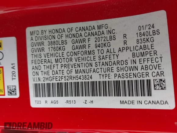 ✅ 2024 Honda Civic Sport • VIN: 2HGFE2F52RH543824 • Лот: 43371429. Опубликован ранее на IAAI с пробегом 25 962 миль. Бесплатный доступ к архиву аукционных продаж из США и подробный отчёт об истории автомобиля на DreamBid. Изображение 9.
