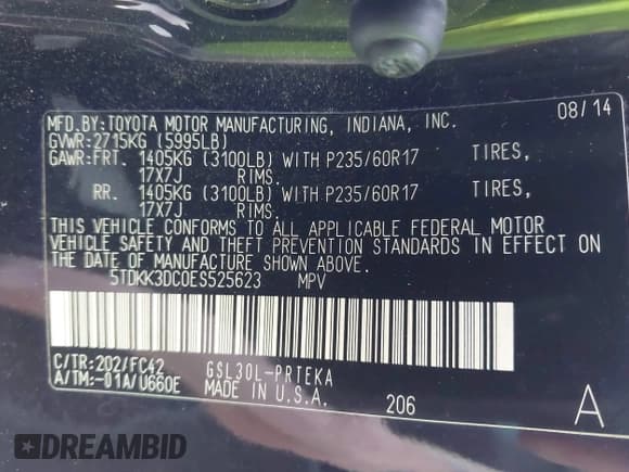 ✅ 2014 Toyota Sienna LE AAS • VIN: 5TDKK3DC0ES525623 • Lot: 42823834. Listed on IAAI with 211,670 mi. Free auction sales archive from the USA and detailed vehicle history report at DreamBid. Image 9.