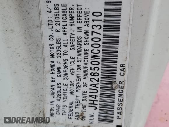 ✅ 1998 Acura TL Premium • VIN: JH4UA2650WC007310 • Лот: 50445245. Опубликован ранее на Copart с пробегом 311 864 миль. Бесплатный доступ к архиву аукционных продаж из США и подробный отчёт об истории автомобиля на DreamBid. Изображение 12.