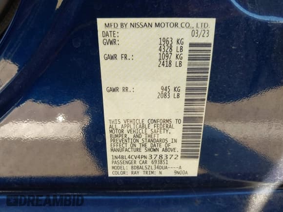 ✅ 2023 Nissan Altima SR • VIN: 1N4BL4CV4PN378372 • Lot: 43445443. Wystawiony na IAAI z przebiegiem 30 211 mil. Bezpłatny archiwum sprzedaży aukcyjnych z USA i szczegółowy raport historii pojazdu na DreamBid. Zdjęcie 9.