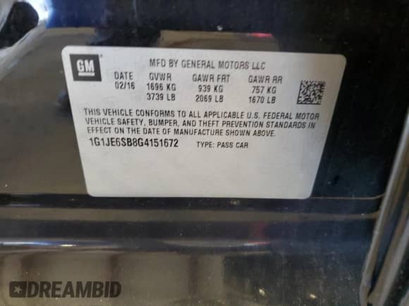 2016 Chevrolet Sonic LTZ with VIN 1G1JE6SB8G4151672, listed as a Copart auction lot 70519335 with 118,282 mi miles and Salvage title. Bid and sale history available at DreamBid. Image 12.